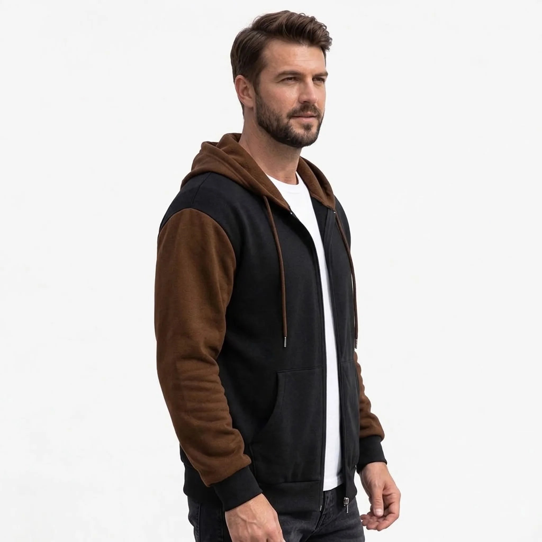 Black and coffee color-block zip-up hoodie on model, side view