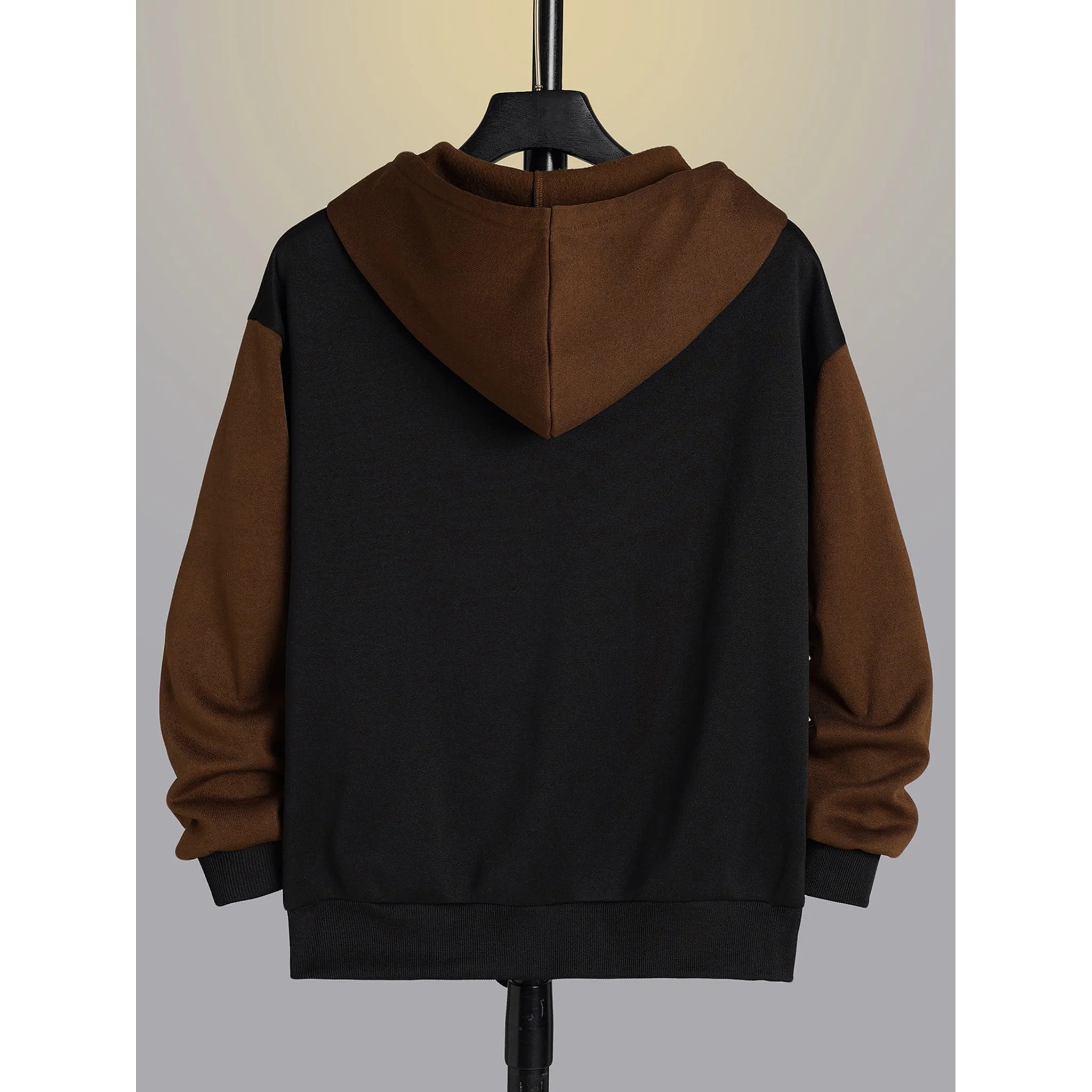 Black and coffee zip-up hoodie, back view on hanger