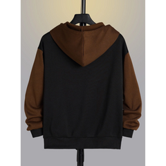 Black and coffee zip-up hoodie, back view on hanger