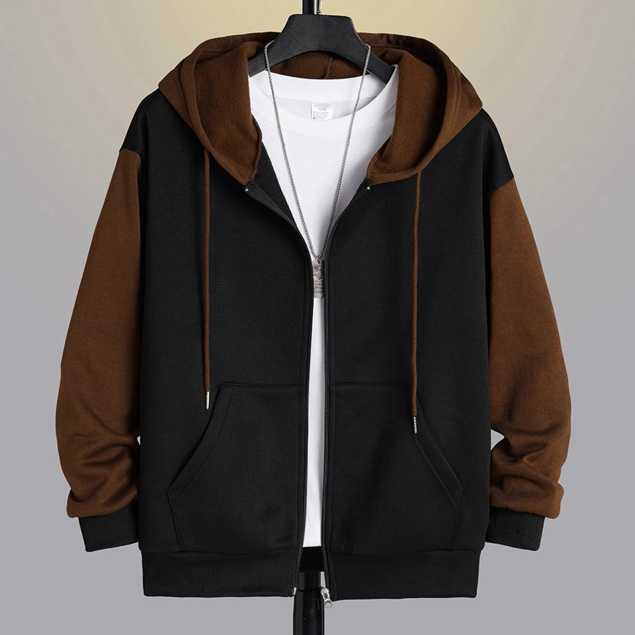 Black and coffee zip-up hoodie, product front