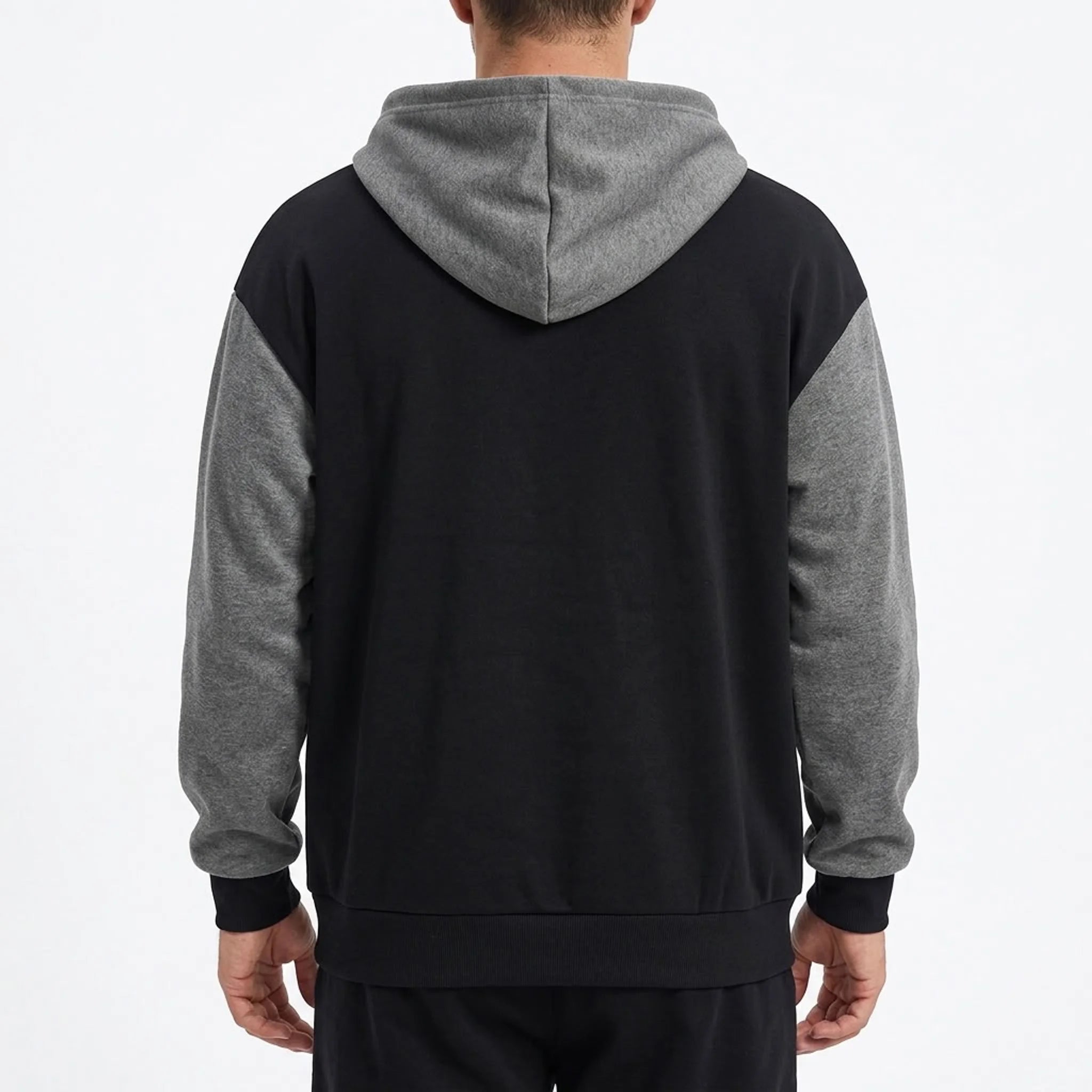 Black and gray color-block zip-up hoodie on model, back view