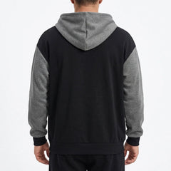 Black and gray color-block zip-up hoodie on model, back view