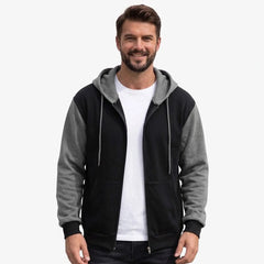 MannerCo men's black and gray color-block zip-up hoodie, front view on model