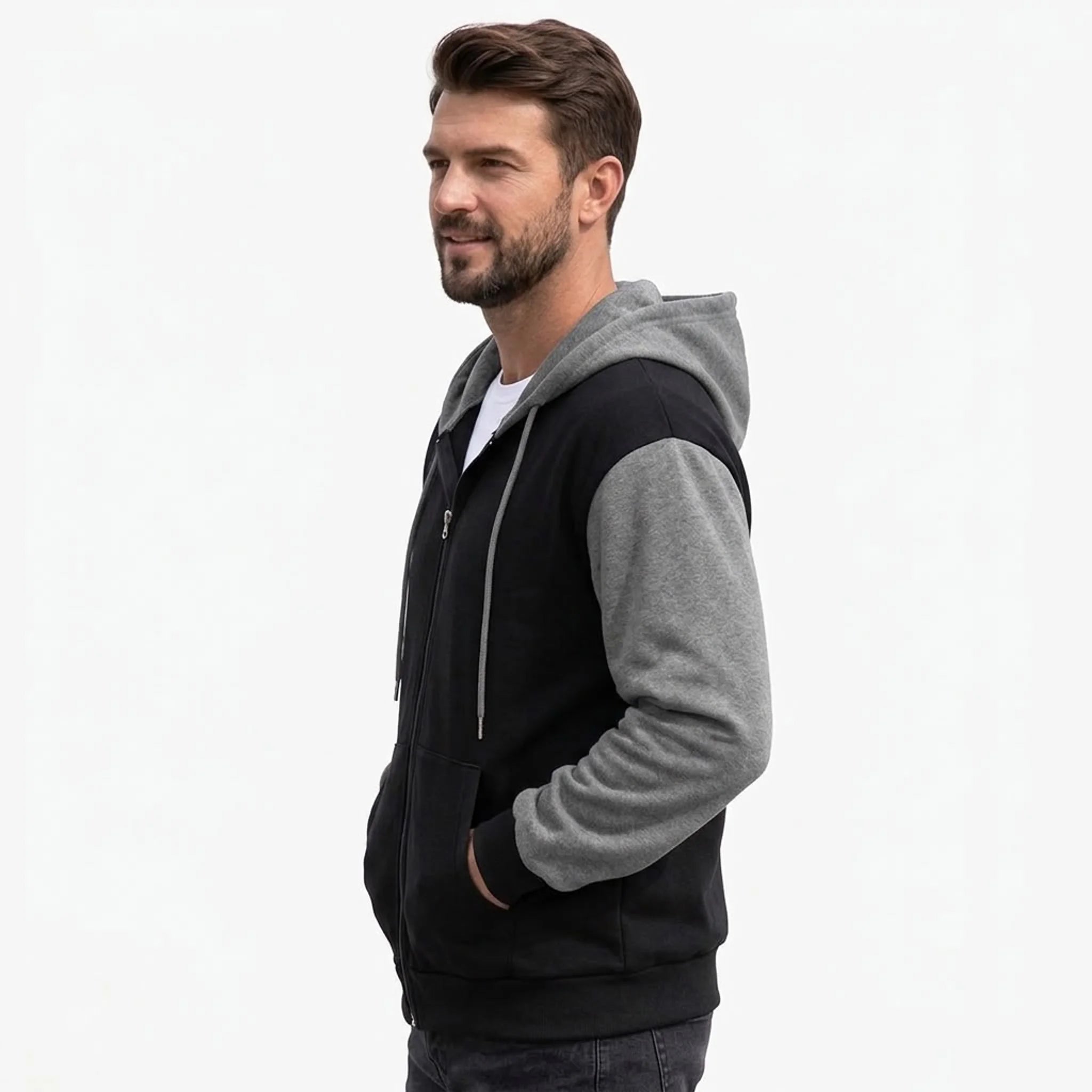 Black and gray color-block zip-up hoodie on model, side view