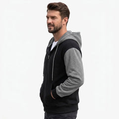 Black and gray color-block zip-up hoodie on model, side view