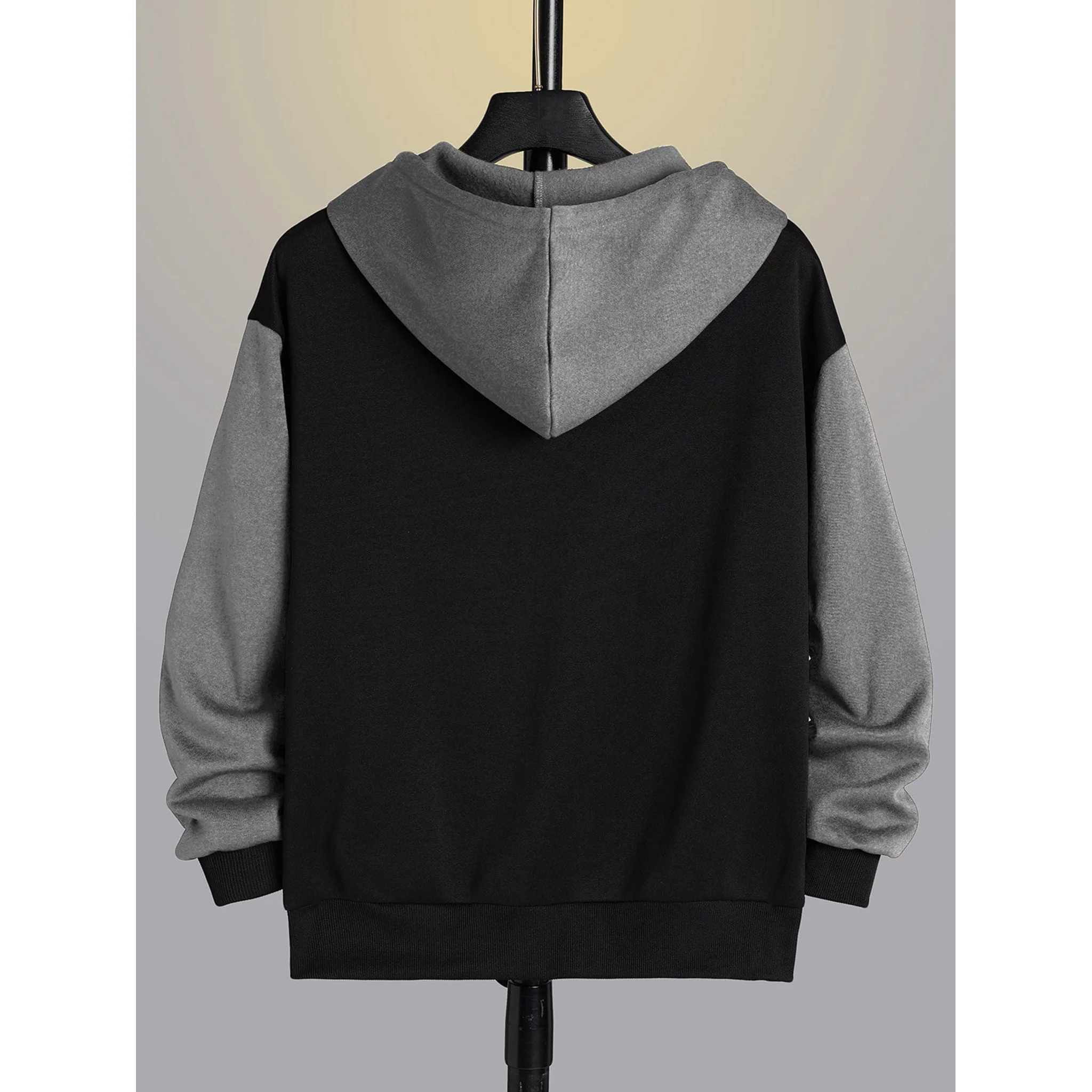 Black and gray zip-up hoodie, back view on hanger