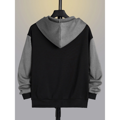 Black and gray zip-up hoodie, back view on hanger