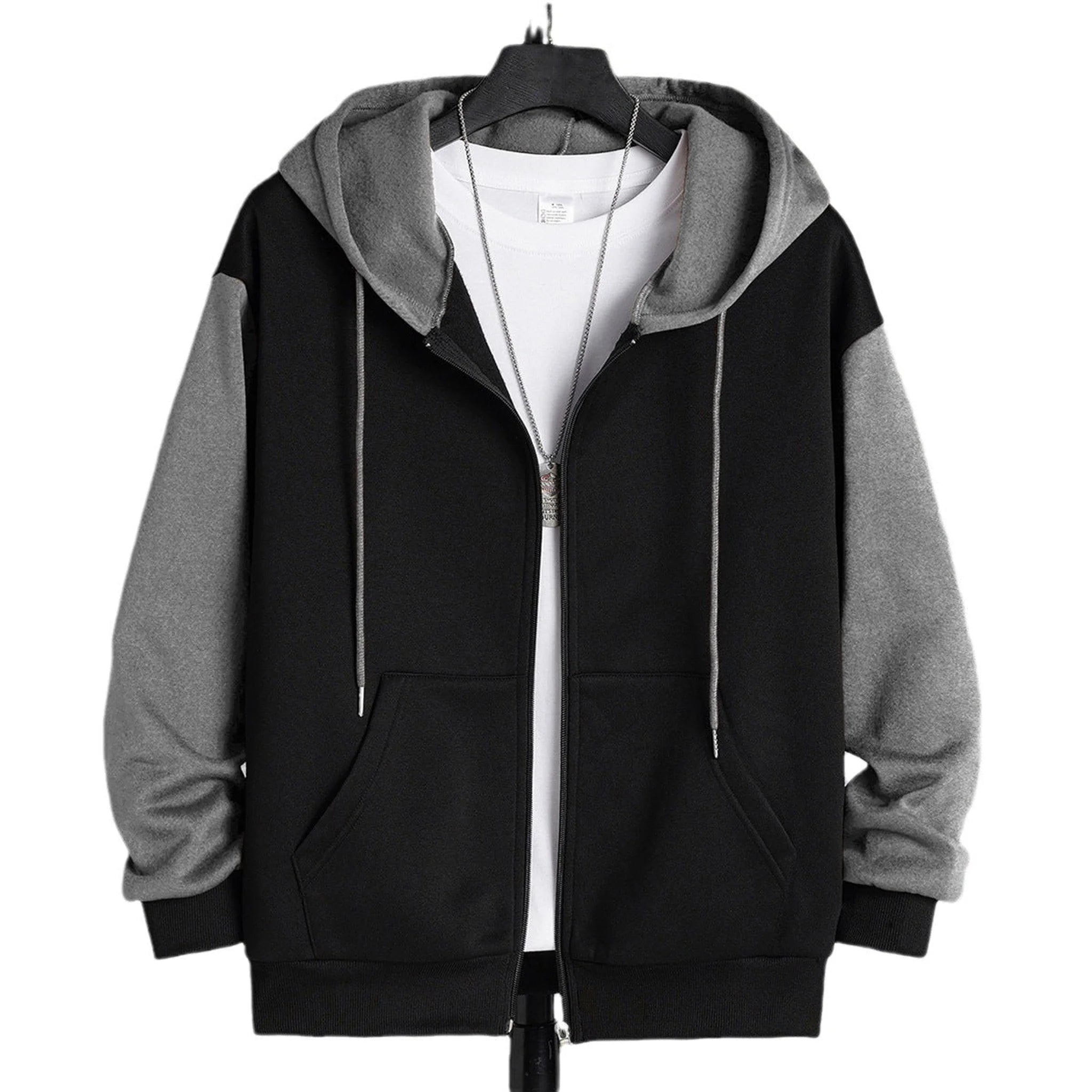 Black and gray zip-up hoodie open to show the brushed fleece lining