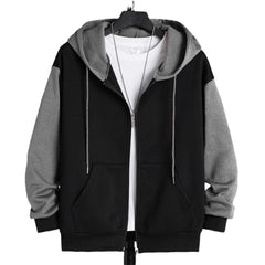 Black and gray zip-up hoodie open to show the brushed fleece lining