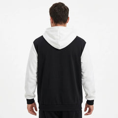 Black and white color-block zip-up hoodie on model, back view