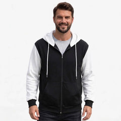 Black and white color-block zip-up hoodie on model, front view
