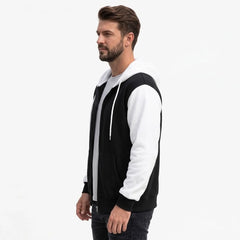 Black and white color-block zip-up hoodie on model, side view