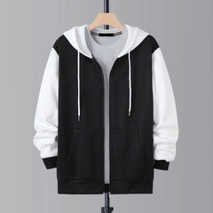 Black and white zip-up hoodie with white drawstring hood, product front