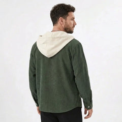 Army green corduroy hooded shirt jacket with cream hood, model back view