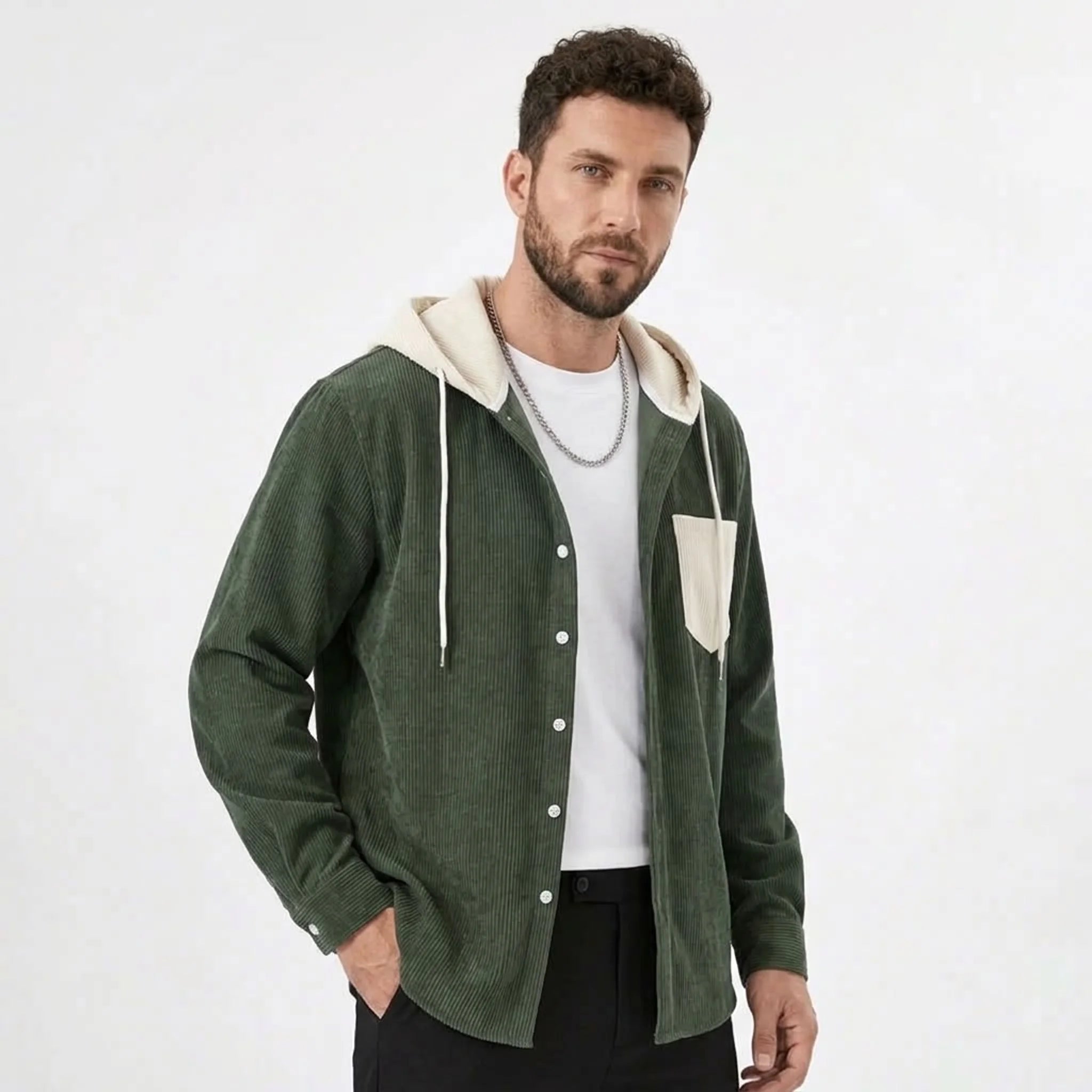 Army green corduroy hooded shirt jacket, model front view buttoned