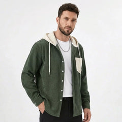 Army green corduroy hooded shirt jacket, model front view buttoned