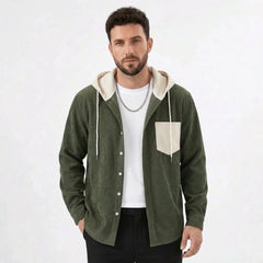 Army green corduroy hooded shirt jacket with cream contrast hood, model front view