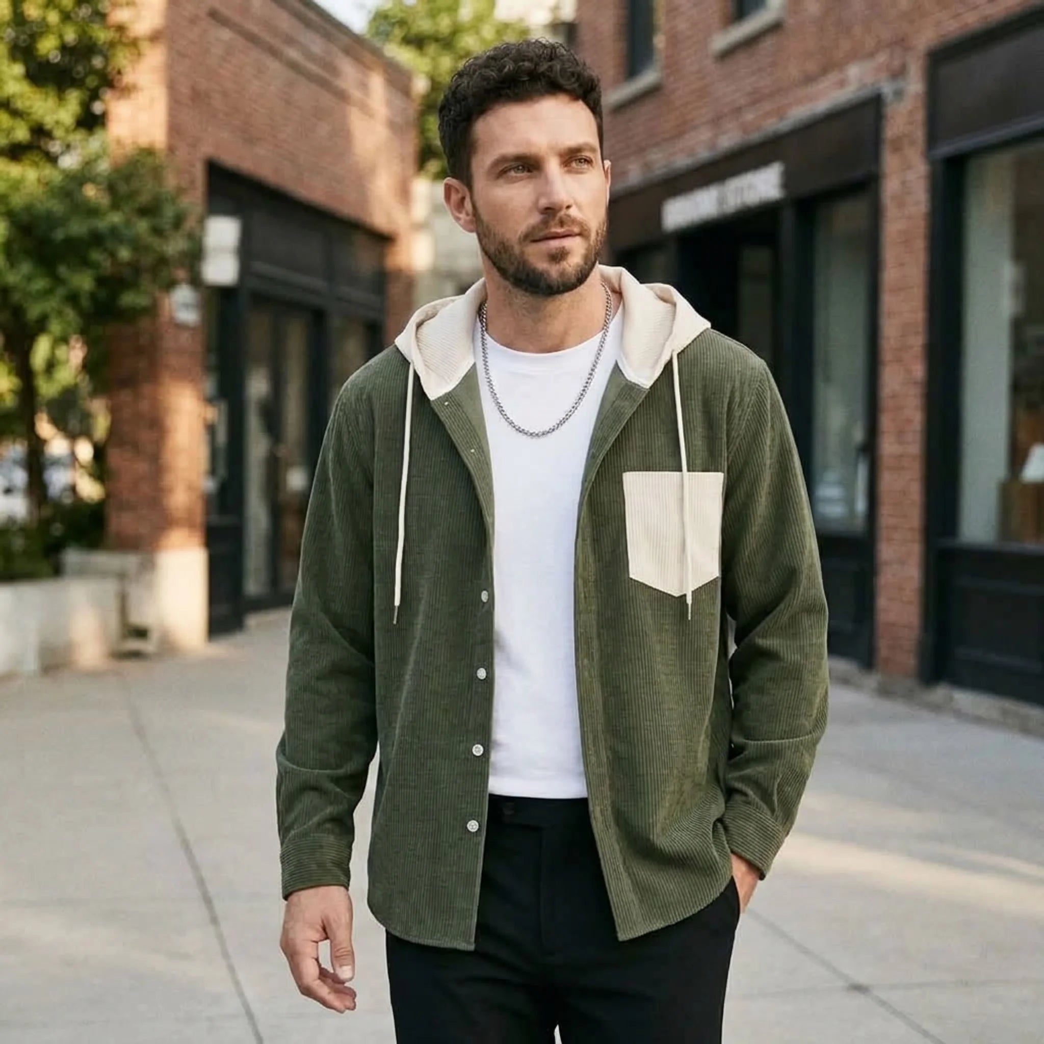 Man in army green corduroy hooded shirt jacket walking on a brick-lined street