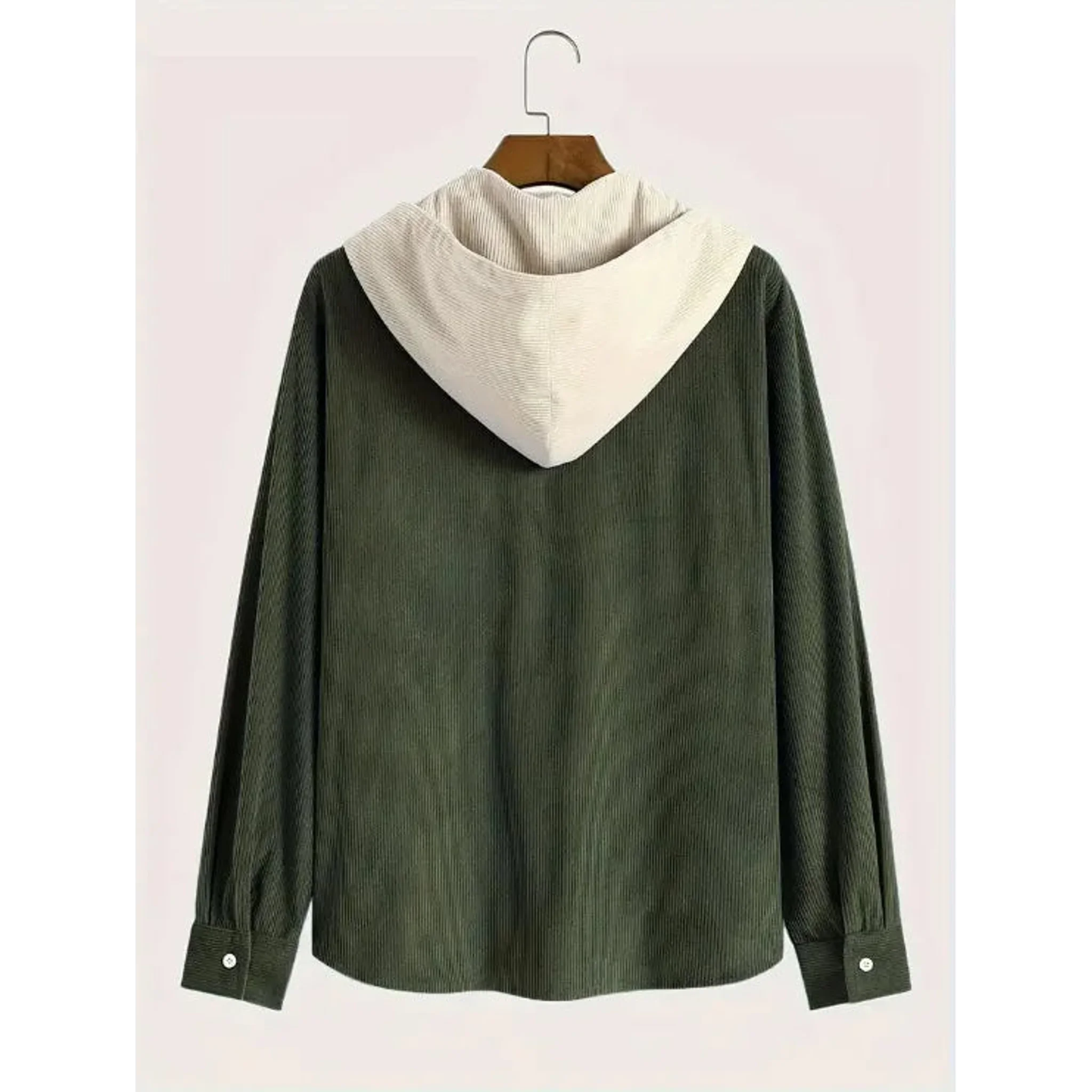 Army green corduroy hooded shirt jacket, product back view