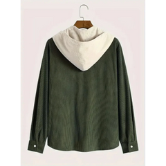 Army green corduroy hooded shirt jacket, product back view