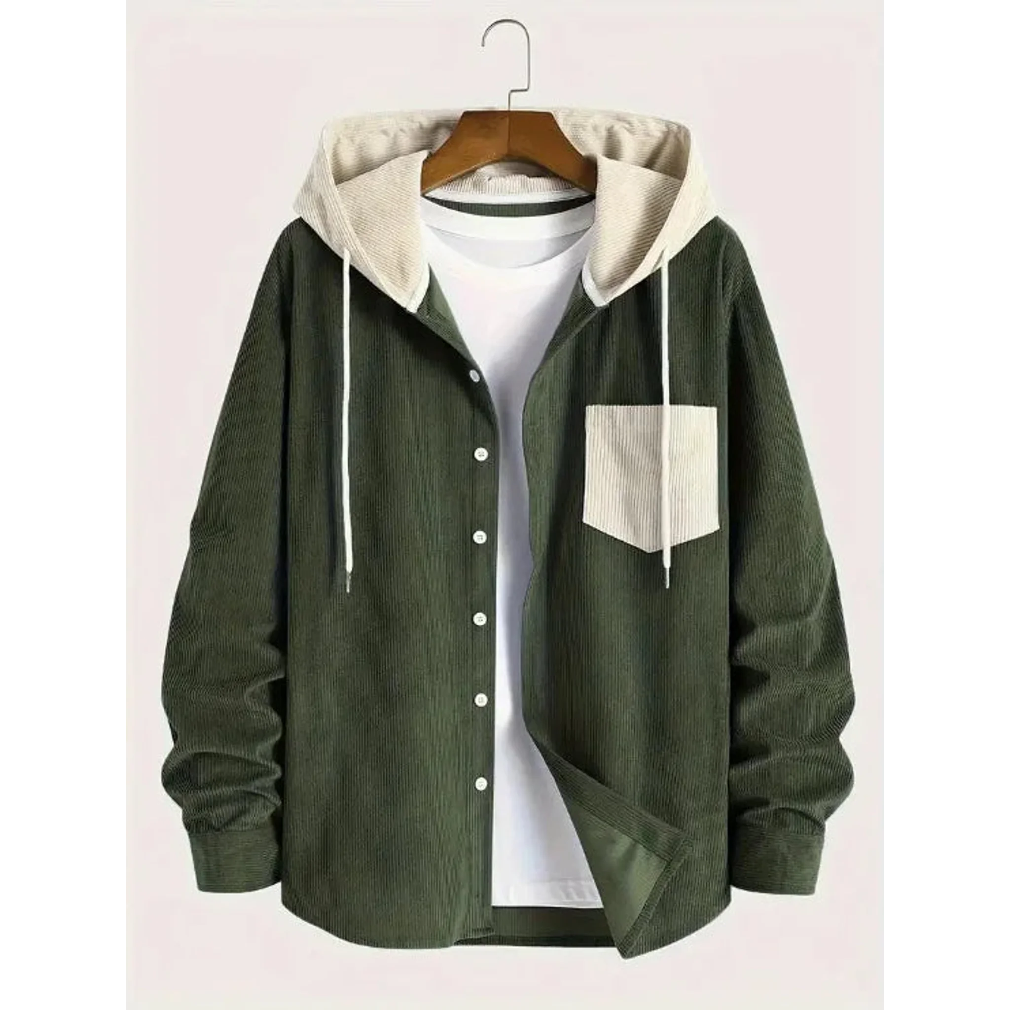 Army green corduroy hooded shirt jacket with cream hood and chest pocket, product front view
