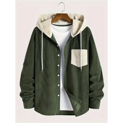 Army green corduroy hooded shirt jacket with cream hood and chest pocket, product front view