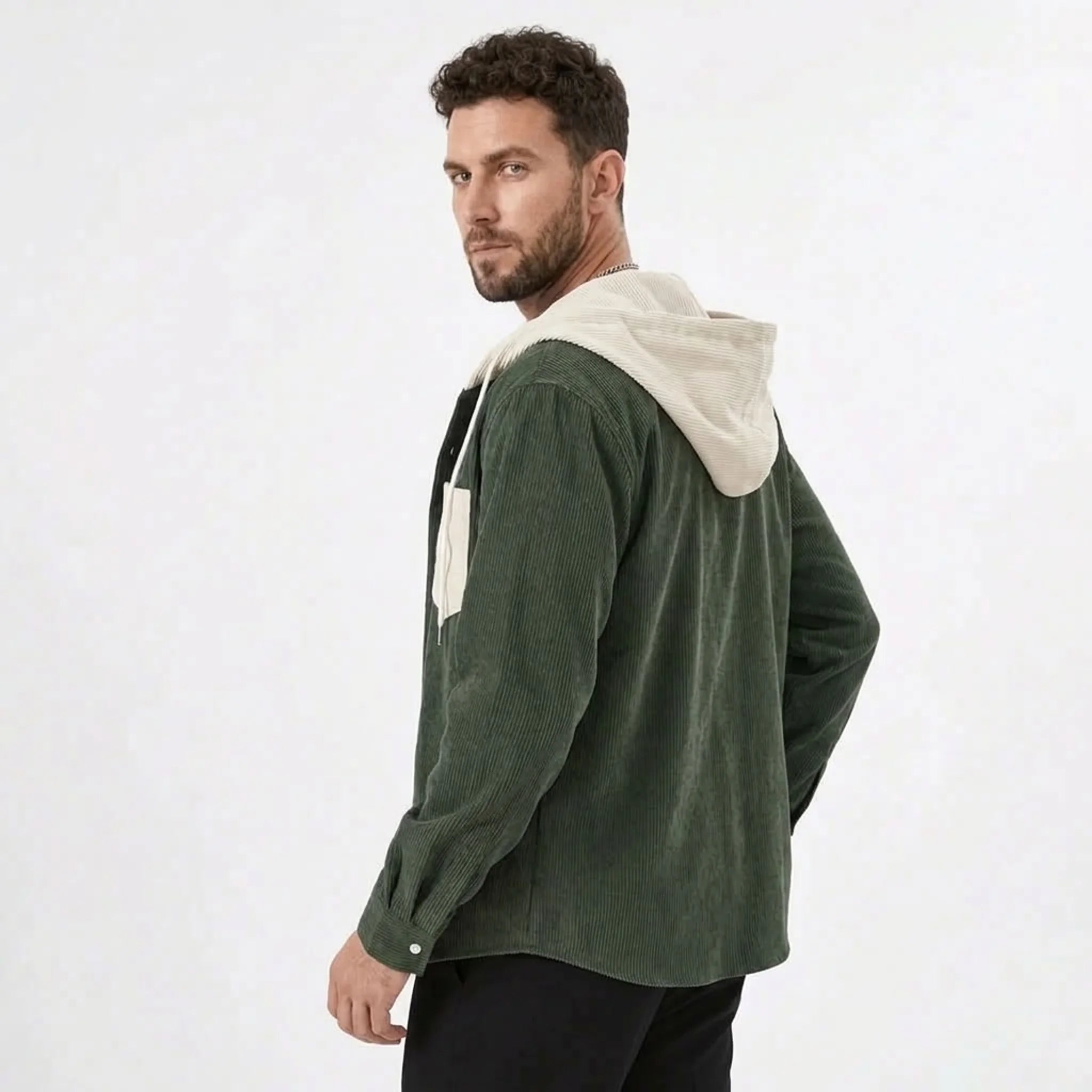 Army green corduroy hooded shirt jacket, model side view