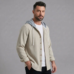Beige corduroy hooded shirt jacket, three-quarter view