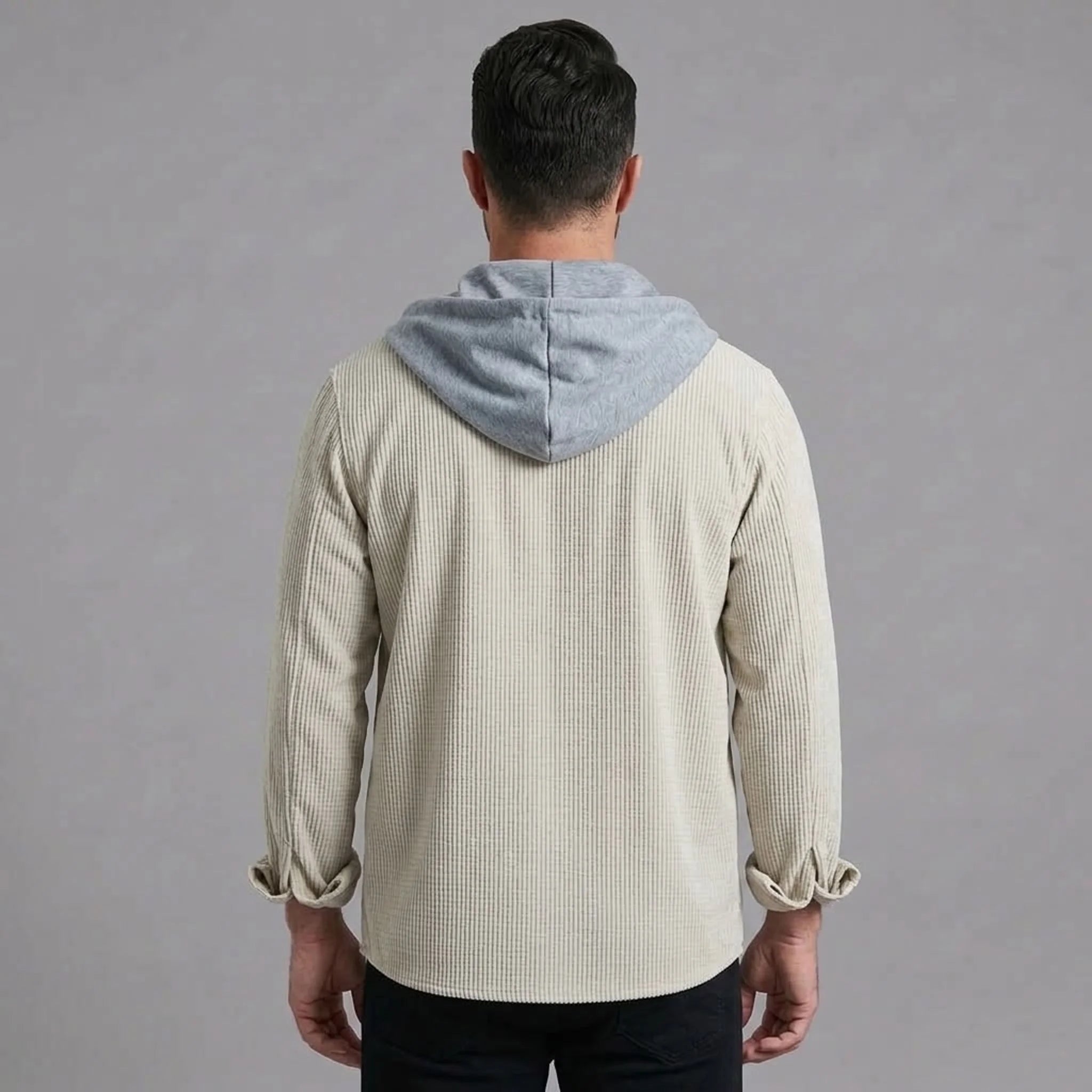 Beige corduroy hooded shirt jacket, back view with contrast hood