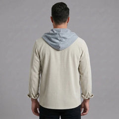 Beige corduroy hooded shirt jacket, back view with contrast hood