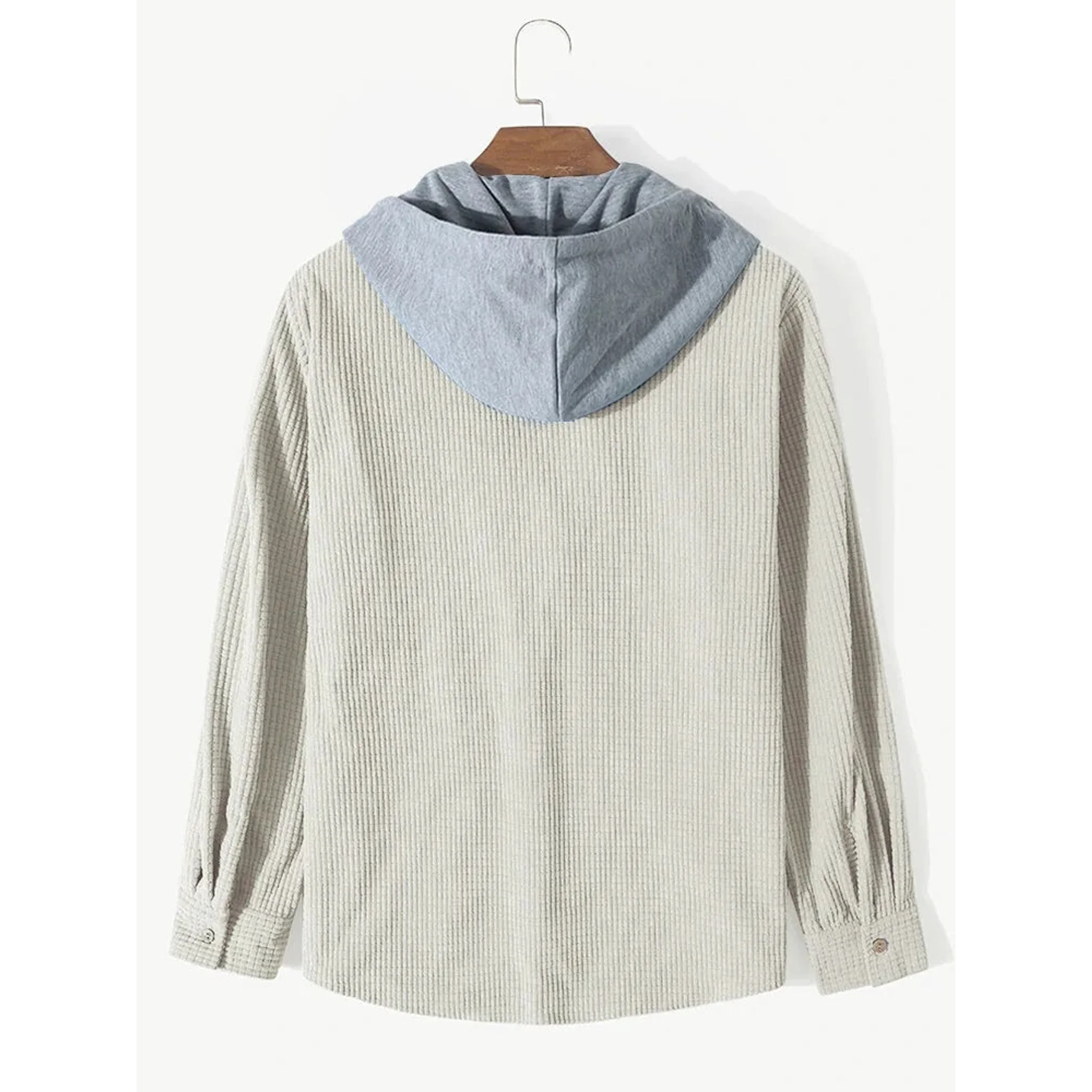 Beige corduroy hooded overshirt on a hanger, back