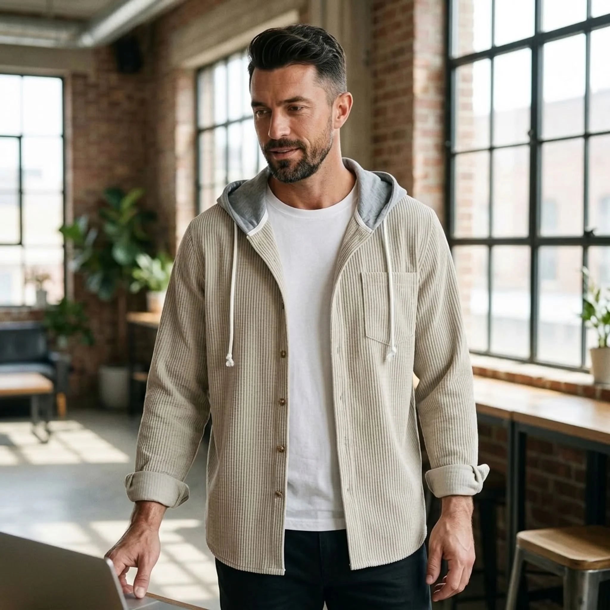 Man in beige corduroy hooded shirt jacket in a bright apartment