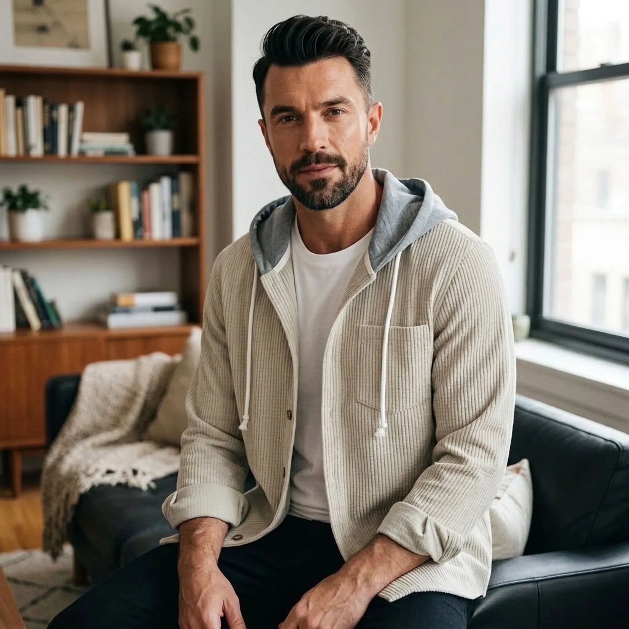 Man in beige corduroy hooded shirt jacket seated in a living room