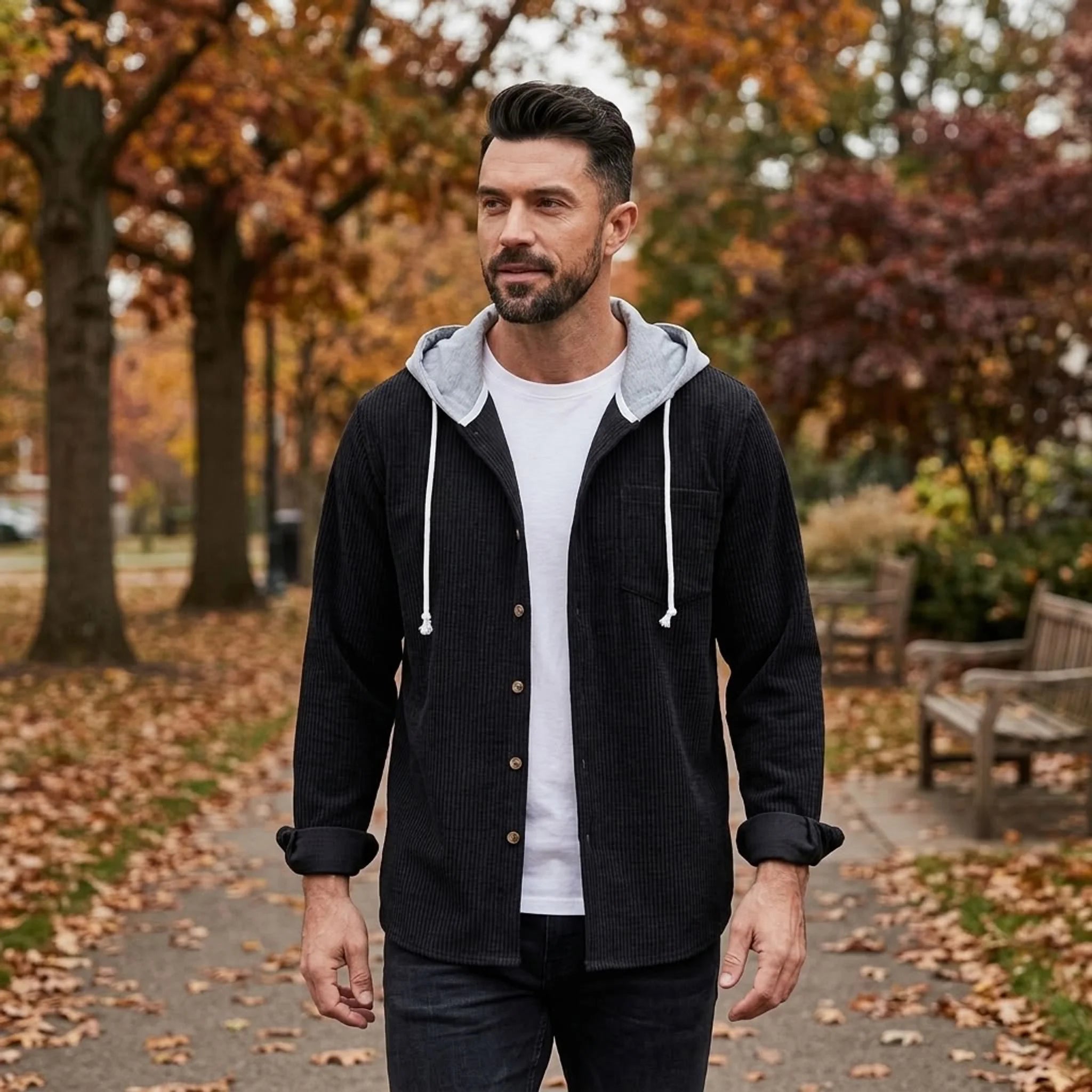 Man in black corduroy hooded shirt jacket on an autumn street