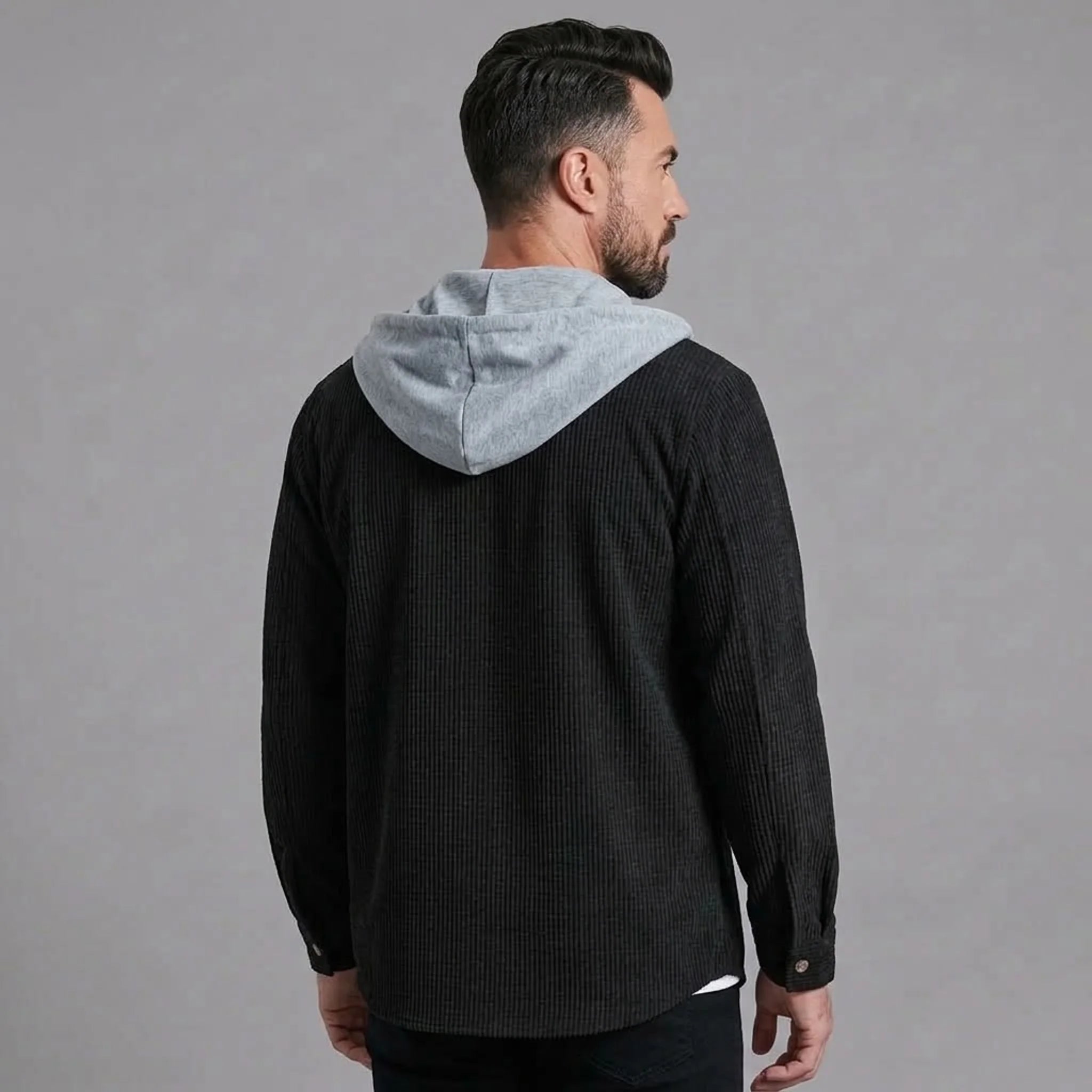 Black corduroy hooded shirt jacket, back view with contrast hood