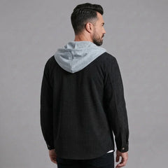 Black corduroy hooded shirt jacket, back view with contrast hood