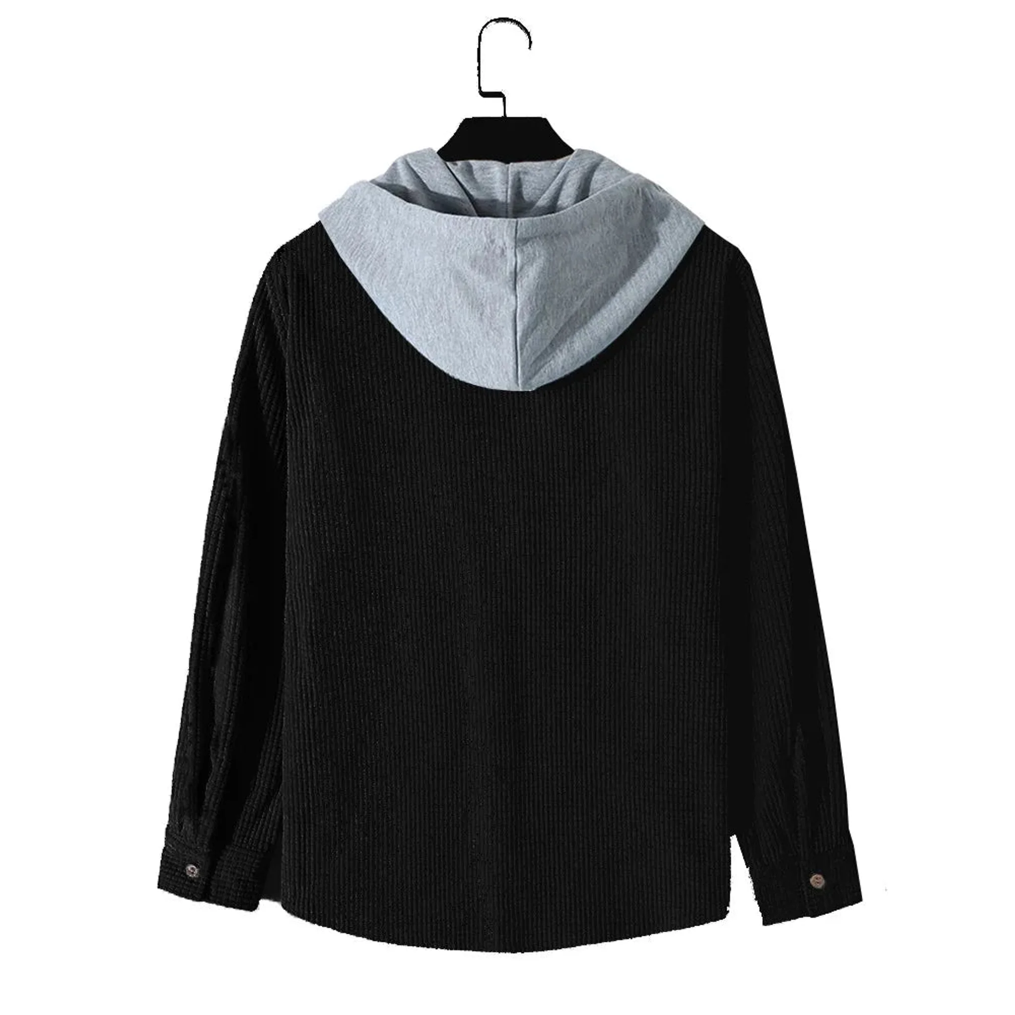 Black corduroy hooded overshirt on a hanger, back