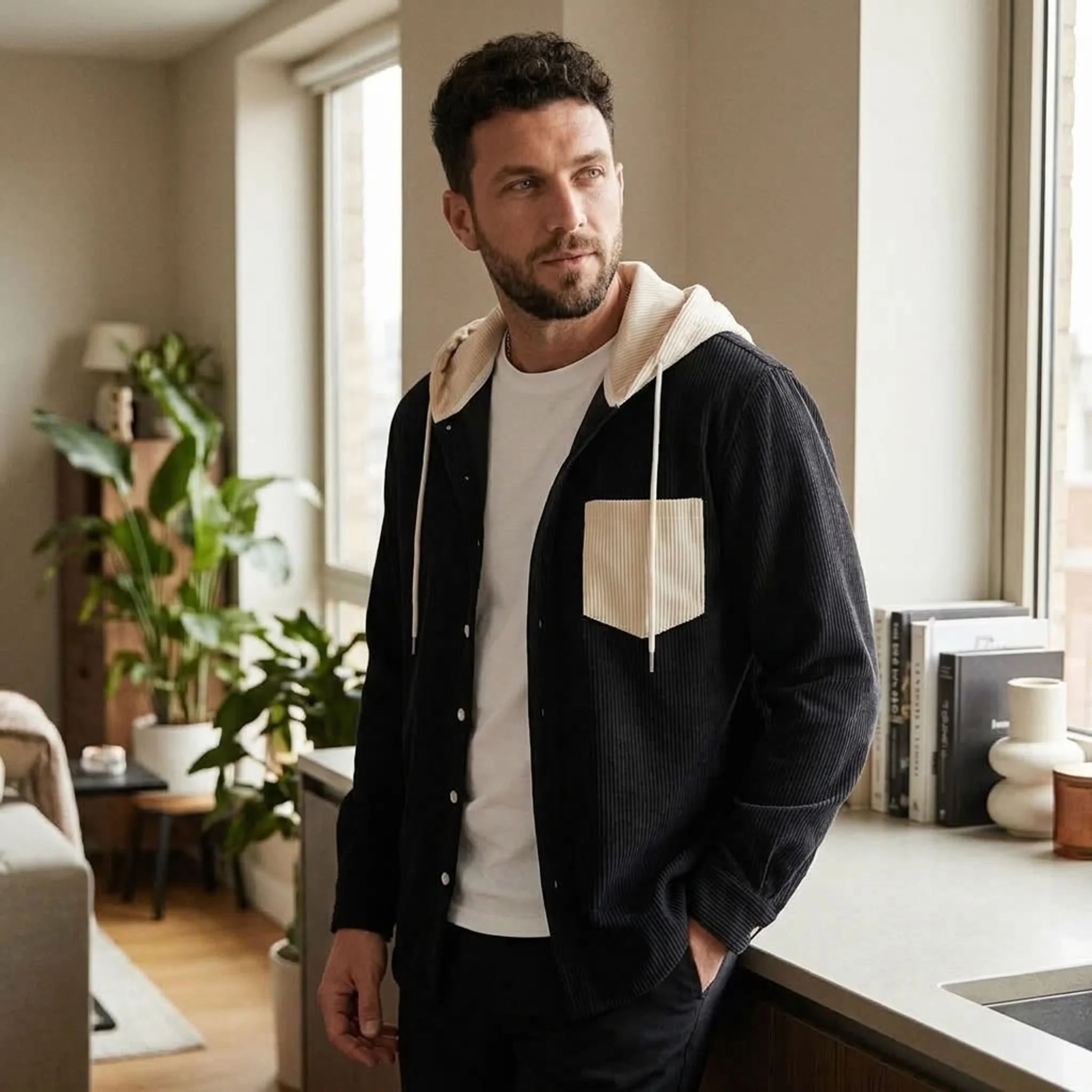 Man in black corduroy hooded shirt jacket worn open over a white tee indoors