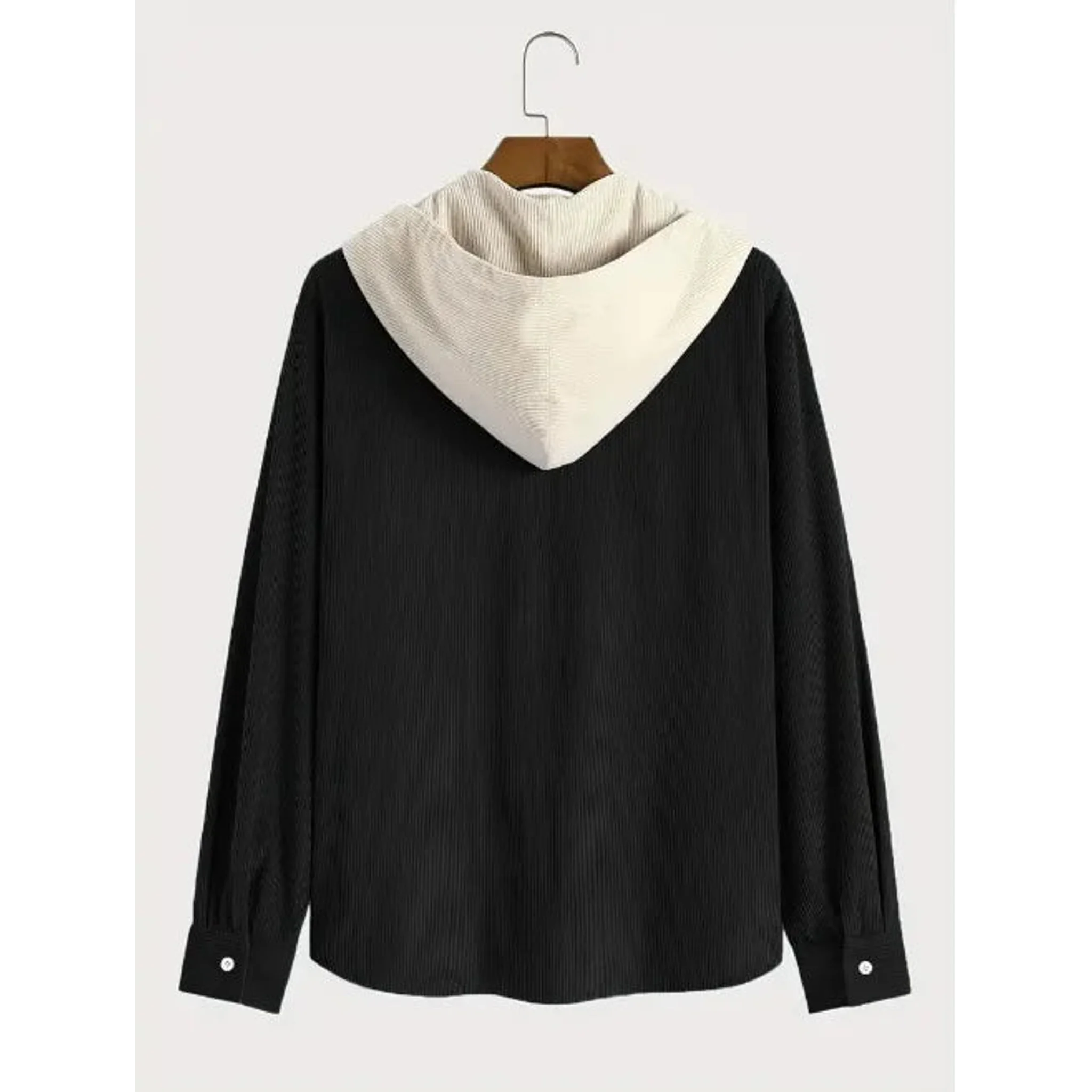 Black corduroy hooded shirt jacket, product back view