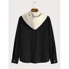 Black corduroy hooded shirt jacket, product back view
