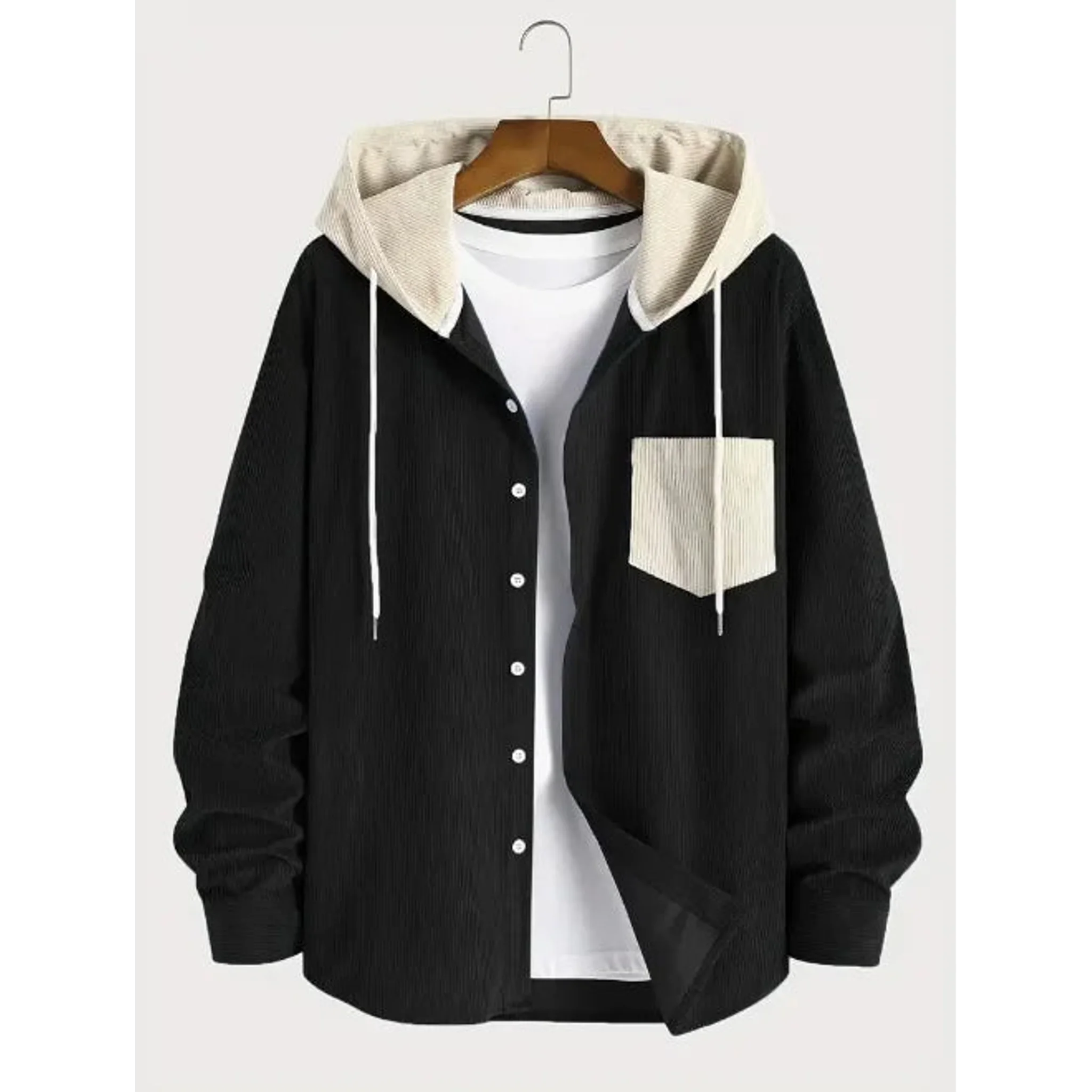 Black corduroy hooded shirt jacket with cream hood and chest pocket, product front view