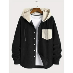 Black corduroy hooded shirt jacket with cream hood and chest pocket, product front view