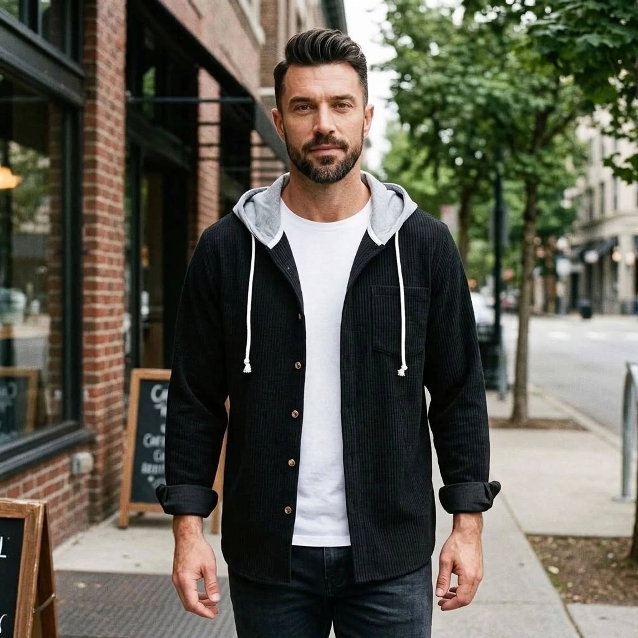 Man in black corduroy hooded shirt jacket on a city street