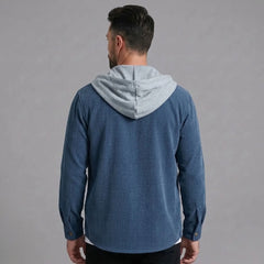 Blue corduroy hooded shirt jacket, back view with contrast hood