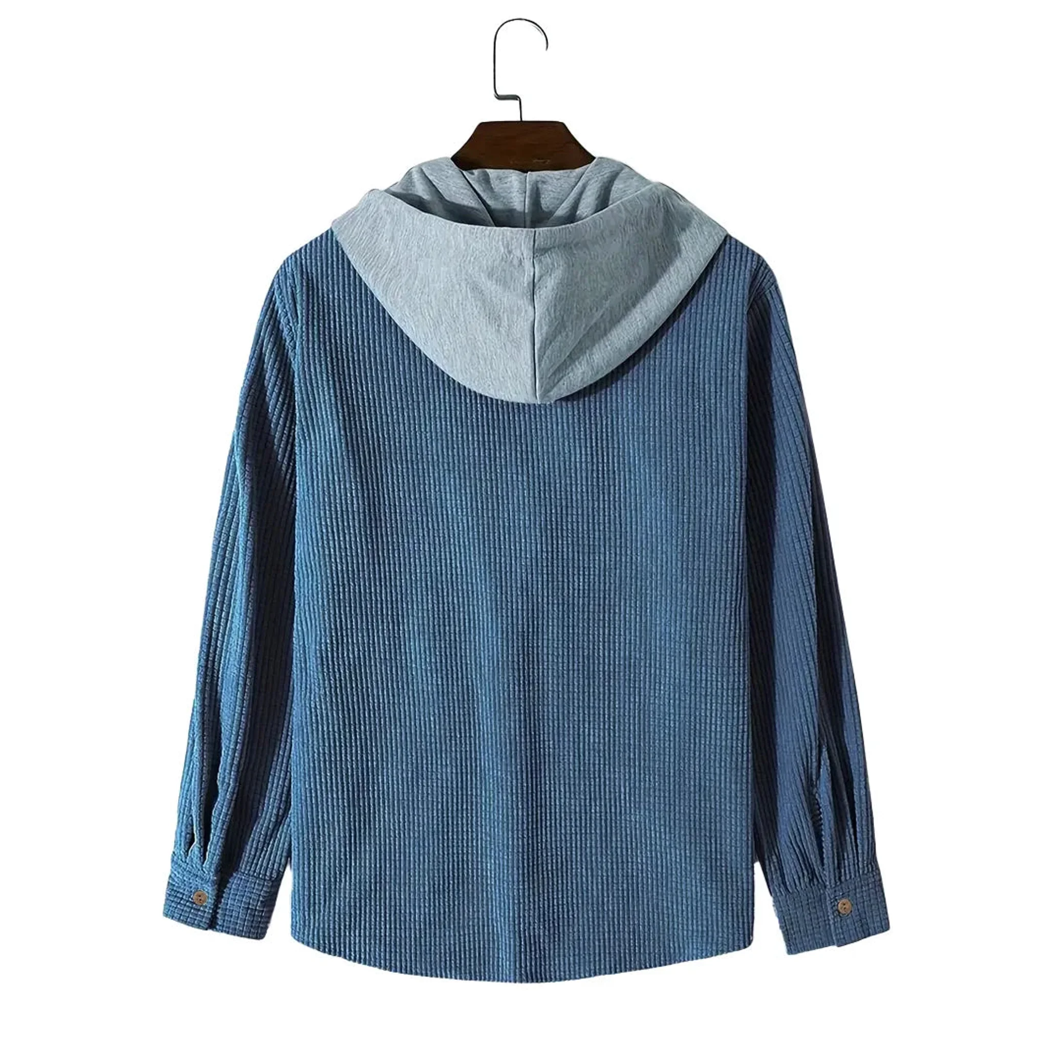 Blue corduroy hooded overshirt on a hanger, back