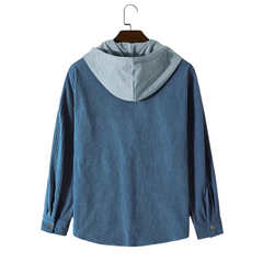Blue corduroy hooded overshirt on a hanger, back