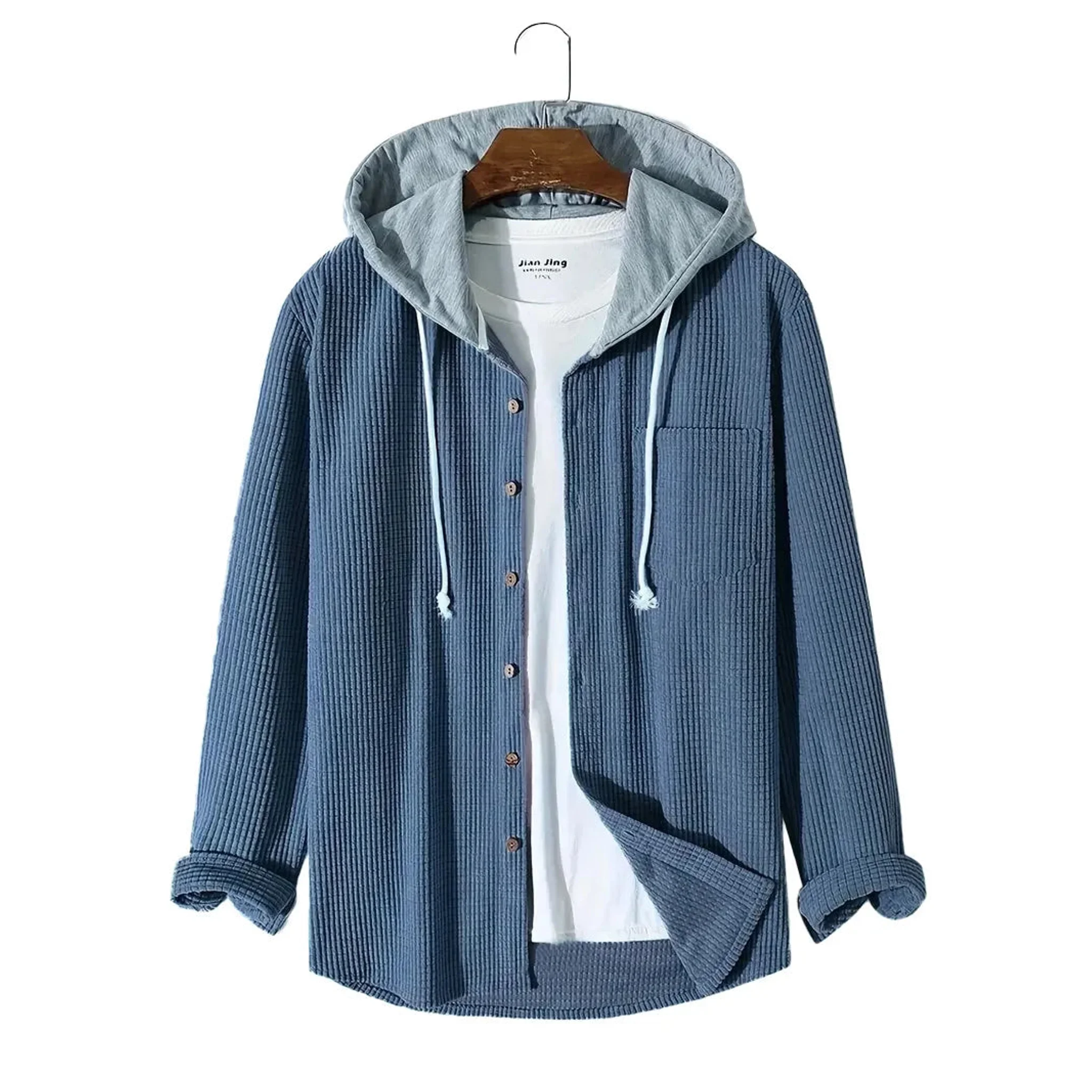 Blue corduroy hooded overshirt on a hanger, front