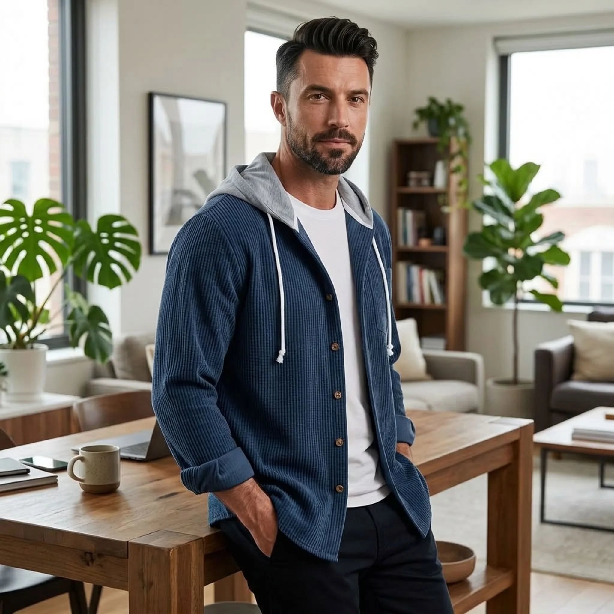 Man in blue corduroy hooded overshirt at home