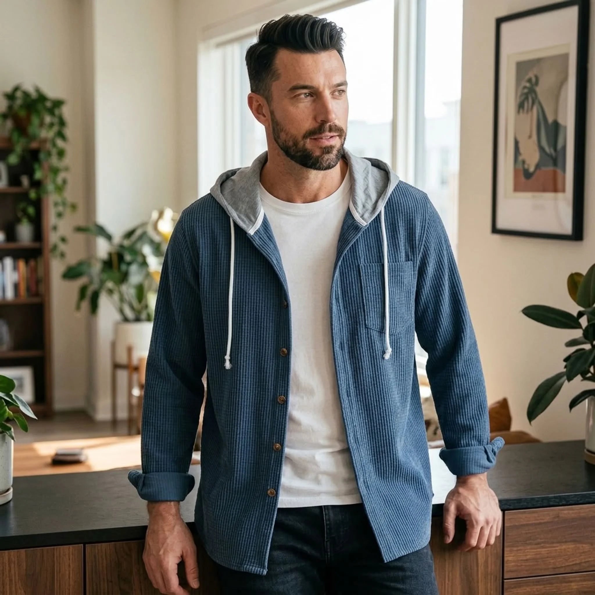 Man in blue corduroy hooded shirt jacket in a bright apartment