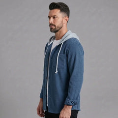 Blue corduroy hooded shirt jacket, side view